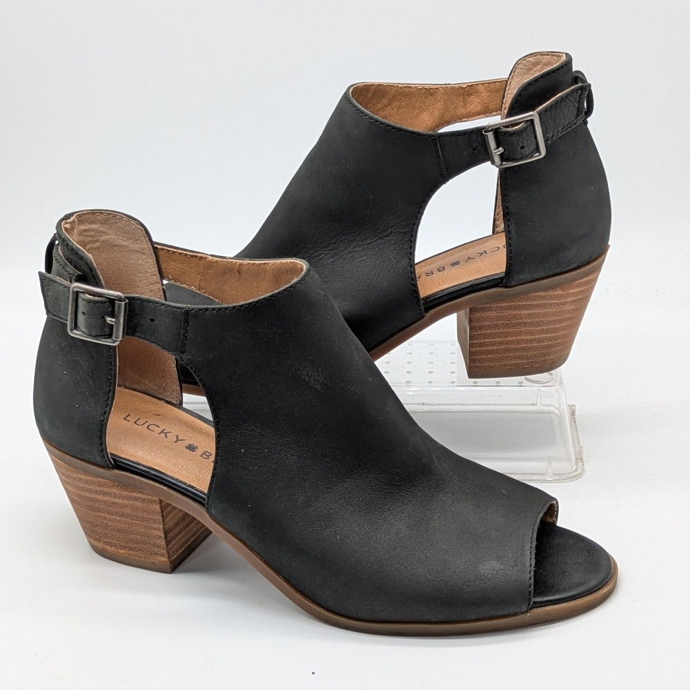 Lucky Brand Barimo Women 7.5 Black Leather Peep Toe Ankle Booties Heels NWOT